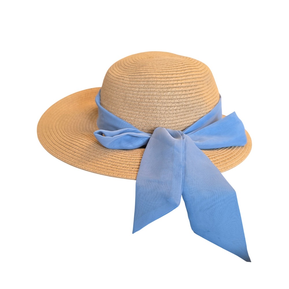 Haute Hippie Tan Straw Sun Hat Blue Chiffon Ribbon Bow UPF 50 Wide Brim